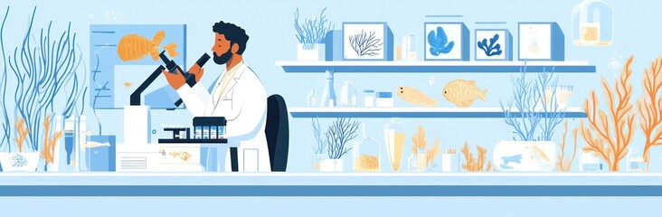 Aufkleber - A scientist examines marine life in a laboratory filled with aquatic specimens and research tools.