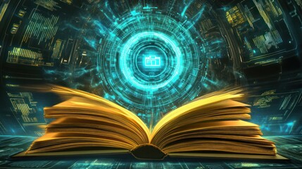 Poster - Open book surrounded by glowing digital interface symbolizing knowledge and technology