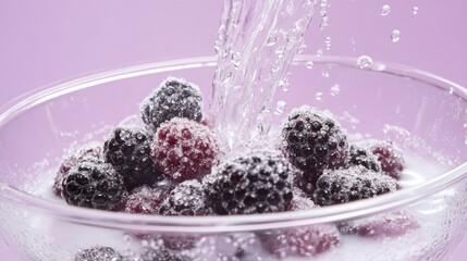 Poster - Bubbles of water cascading over mixed berries in a clear bowl.