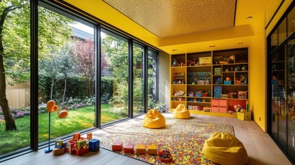 Aufkleber - A vibrant playroom filled with toys, bean bags, and a view of a lush garden.