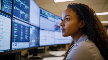 Poster - A woman focuses intently on several computer screens displaying data and analytics in a modern office. She appears engaged in her work, showcasing her skills in technology and analysis.
