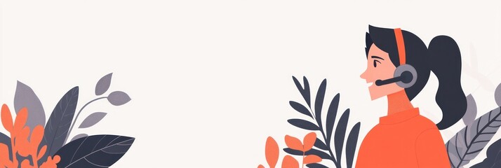 Poster - A woman with a headset, surrounded by decorative plants, suggests communication or support.