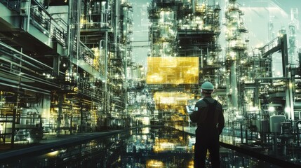 Poster - Worker observes high-tech industrial facility with glowing structures and reflective surfaces