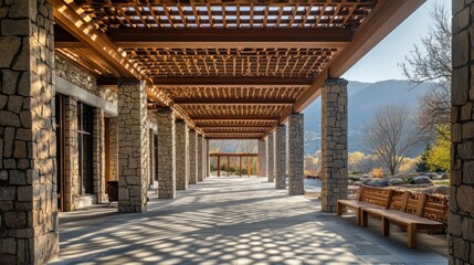 Poster - A serene architectural space with stone columns and a wooden trellis, inviting relaxation.