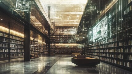 Poster - Modern library interior with shelves of books and futuristic digital overlay