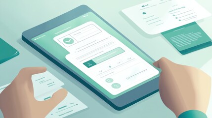 Poster - A digital tablet displaying a user interface with forms and data management features.