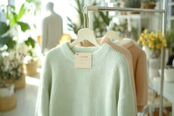Poster - A soft mint sweater hangs on a rack in a bright, plant-filled space.