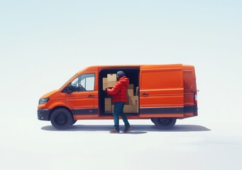 Poster - A person unloading boxes from an orange delivery van in a bright, minimalist setting.