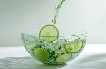 Poster - A bowl filled with lime slices and sparkling water, creating a refreshing drink scene.