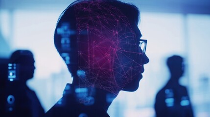 Aufkleber - Silhouette of a person with digital network overlay, symbolizing technology and innovation.