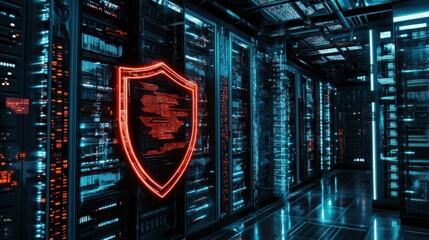 Poster - Digital shield cybersecurity concept on glowing  futuristic server room data center 