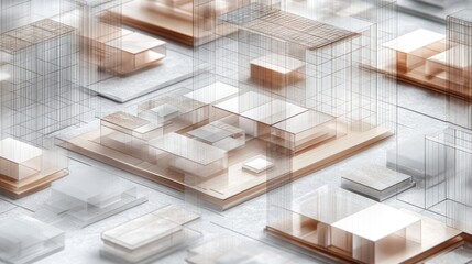 Poster - A conceptual architectural design featuring layered structures and wireframe models.