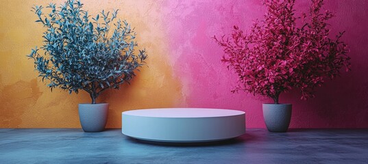 Poster - An illuminated stage for product display in a studio, depicted in a 3D illustration, showcasing a pink neon glowing podium with a digital LED screen mounted on the wall.