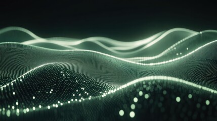 Poster - Abstract representation of flowing waves with glowing particles in a digital landscape.