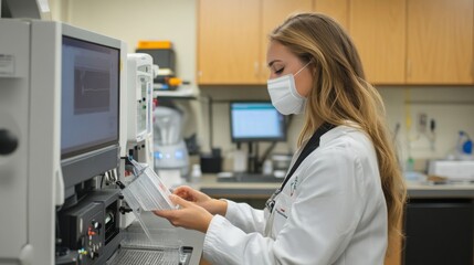 Fototapete - A woman in a white lab coat is carefully examining samples in a laboratory. She is wearing a mask and focused on her task, surrounded by various scientific equipment.