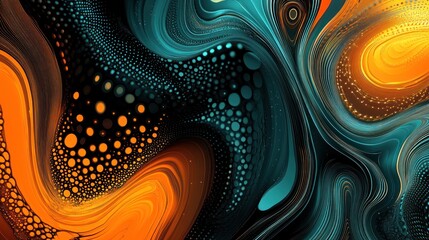 Poster - Abstract swirling patterns in vibrant orange, teal, and black colors create a dynamic visual.