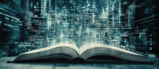 Poster - Open book with digital data streams emerging symbolizing knowledge and technology