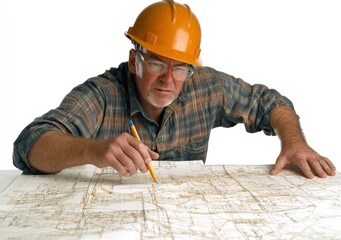 Poster - A construction worker examines blueprints while planning a project.