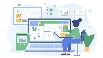 Aufkleber - A person working on a laptop with data visualizations and charts in a modern office setting.