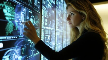 Poster - A focused woman engages with a digital interface showcasing complex AI data visualizations. She is in a high-tech office environment, leveraging cutting-edge technology for her work.