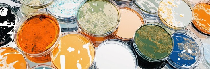 Aufkleber - A collection of petri dishes with various colorful cultures and substances.