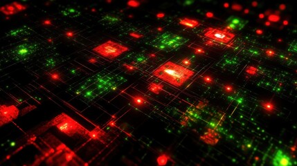 Aufkleber - Abstract digital landscape featuring glowing red and green circuits and nodes.