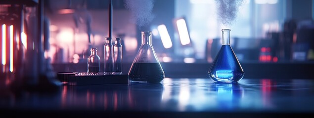 Poster - A vibrant laboratory scene with colorful flasks and beakers, suggesting scientific experimentation.