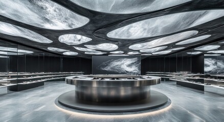 Aufkleber - A modern, sleek interior showcasing innovative design for a retail or exhibition space.