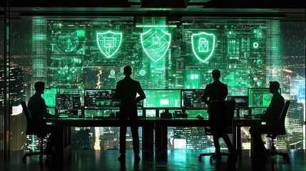 Poster - A futuristic control room with silhouettes monitoring digital data on large screens.