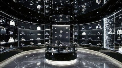 Poster - A luxurious retail space showcasing designer handbags and jewelry in a chic environment.