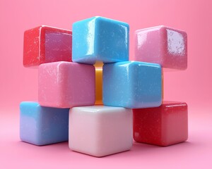 Poster - Various abstract geometric figures. Poster, cover, branding, banner, and a cracked cube. 3D visualization.