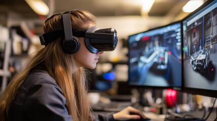 Fototapete - A woman with long hair uses virtual reality equipment while focusing on her work in a modern tech workspace. Multiple monitors display intricate graphics and simulations, highlighting her role.
