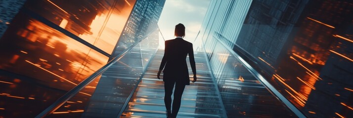Poster - A silhouette of a person ascending transparent stairs in a futuristic urban setting.