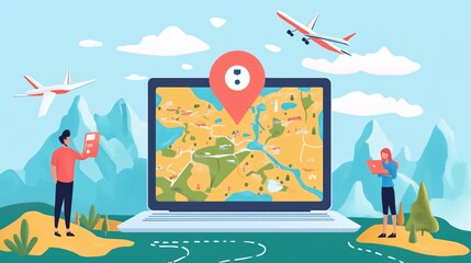Poster - Tourists planning vacation using navigation app on laptop with map and location pin