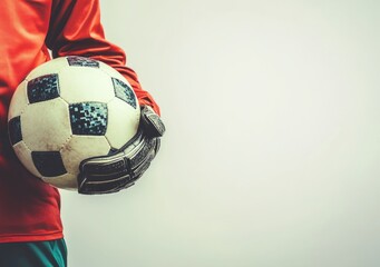 Poster - A goalkeeper in a red jersey holds a soccer ball, ready for play.