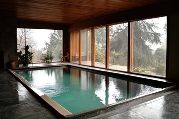 Fototapete - Indoor swimming pool with large windows overlooking a garden.