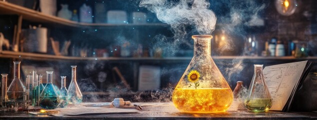 Aufkleber - A vibrant laboratory scene with colorful liquids and smoke, suggesting experimentation.