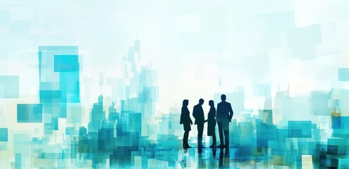 Aufkleber - Silhouettes of professionals engaged in discussion against a modern, abstract background.