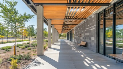 Poster - Modern architectural corridor with natural lighting and greenery.