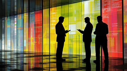 Aufkleber - Silhouetted figures engage in discussion against a vibrant, colorful backdrop of digital displays.