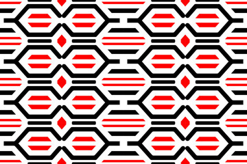 Poster - Abstract horizontal geometric red, black and white design. Optical illusion executed in form of unusual pyramids. Style opt art. Seamless background. For cover, wrapping, textile. pattern design