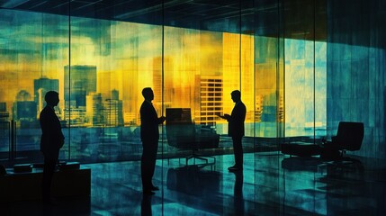 Poster - Silhouettes of business professionals in a modern office with a colorful cityscape backdrop.