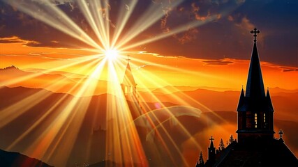 Wall Mural - stunning sunset rays of light illuminate silhouette of church against vibrant sky, creating serene l