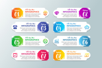 Poster - Grunge brushes infographic banner. Colorful splash paint label for web design. Creative tabs and background for infographic social option page. Template with text. Vector illustration. eight steps