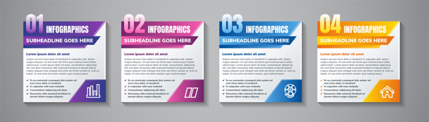 Poster - Infographic template with four elements with arrows and place for your text and icons, workflow, process chart, steps or options, vector illustration. colorful gradient element on grey background.