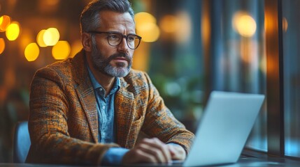 Poster - Man working intently on a laptop in a cozy cafe during evening hours with warm lighting