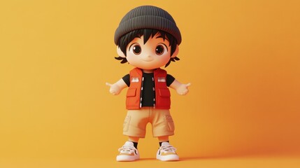 Poster - A cute animated character wearing a beanie and vest, posed against a vibrant orange background.