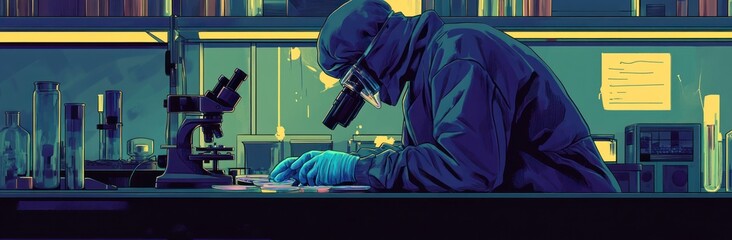 Poster - A scientist examines samples under a microscope in a laboratory setting.