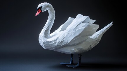 Poster - A stylized origami swan sculpture in white, showcasing intricate geometric design.