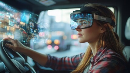 Fototapete - A professional woman operates a vehicle wearing advanced augmented reality glasses in a busy city. The glasses display digital information and graphics, enhancing her driving experience in real-time.